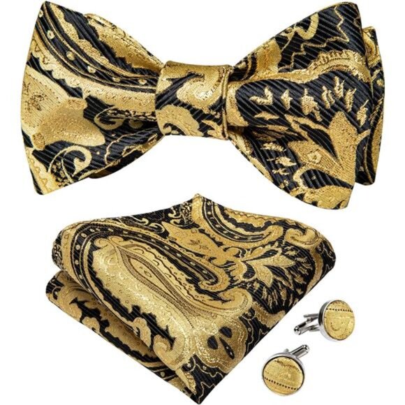 Men Bow Tie Paisley Striped 08 Shiny Gold - Picture 1 of 6